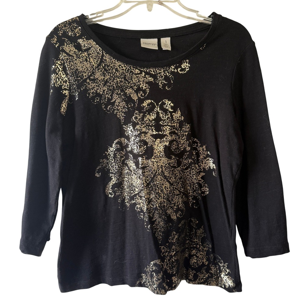 Zenergy by‎ Chico’s Black Gold Metallic Print Top Size 1